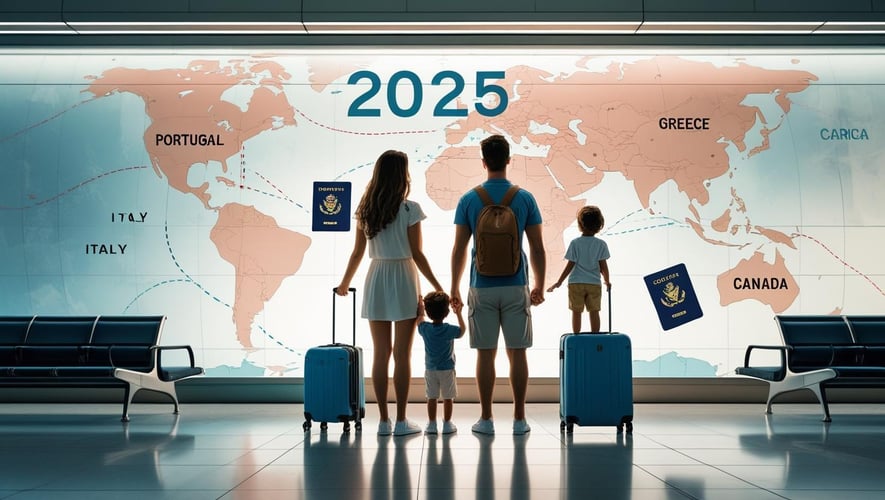 A modern, high-quality image howing a young American family standing at an airport with a suitcase, gazing at a large departures board listing destinations like Portugal, italy, greece, Costa Rica, and Canada. The backgro