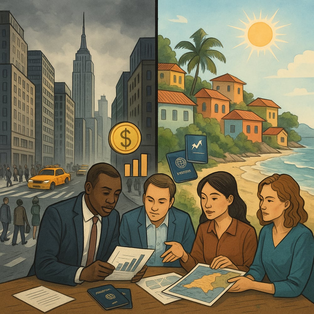 The image depicts a split scene illustrating two contrasting lifestyles On the left a bustling cityscape of New York is shown with towering skyscrapers and busy streets filled with people and yellow taxis The sky is overcast hinting at a sense of eco The image depicts a split scene illustrating two contrasting lifestyles On the left a bustling cityscape of New York is shown with towering skyscrapers and busy streets filled with people and yellow taxis The sky is overcast hinting at a sense of eco