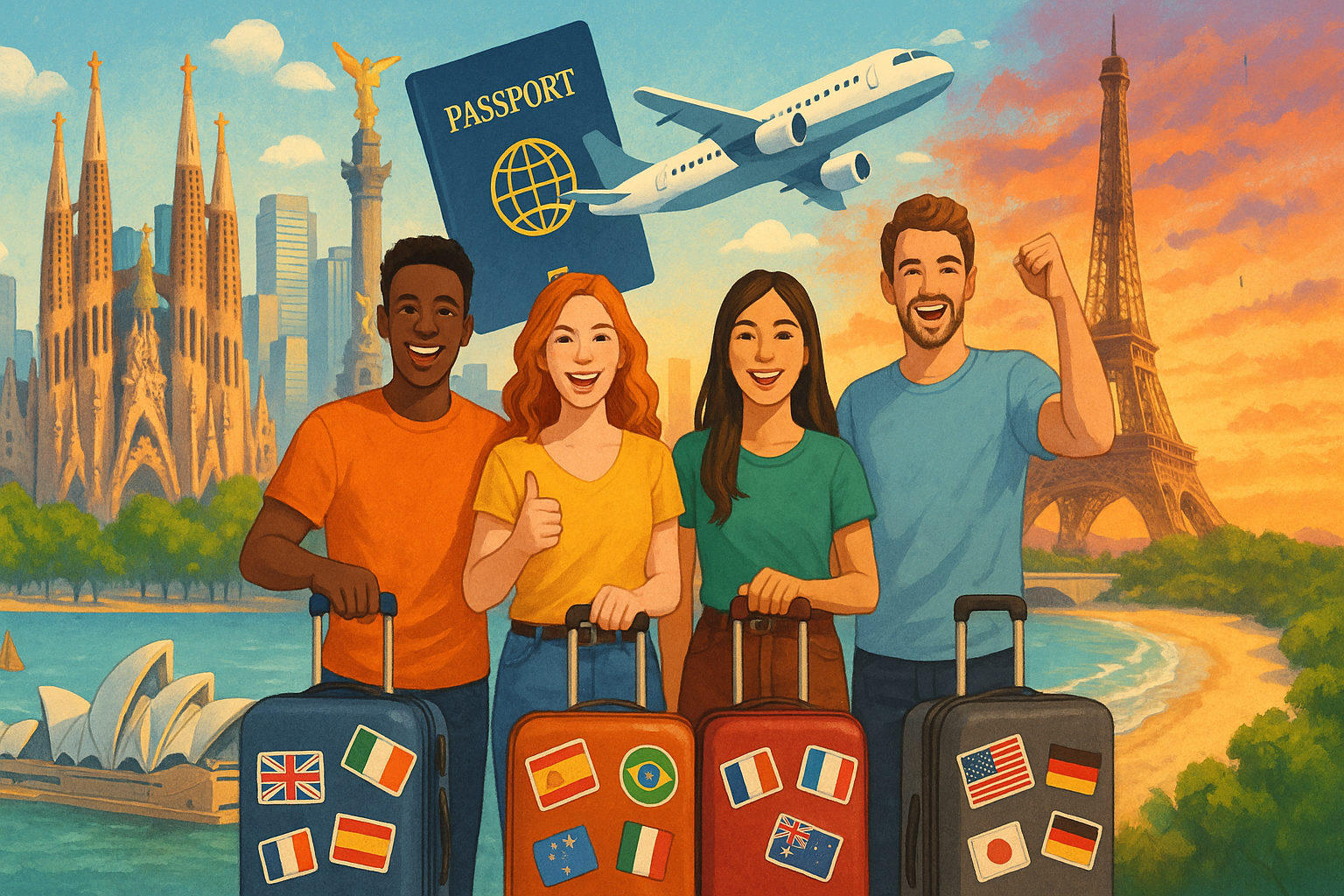 The image depicts a vibrant collage showcasing the diverse landscapes and iconic landmarks of various countries that young Americans are considering for relocation In the foreground a group of enthusiastic young adults representing different ethnicit-1