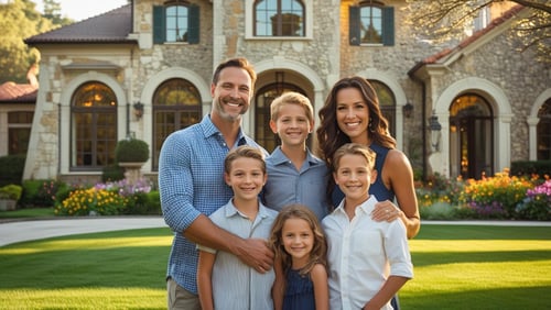 An American family standing happily in front of a large, beautiful European-style home with stone walls, big windows, and a garden. Realistic photography, soft warm lighting, lifestyle magazine feel, no text. An American family standing happily in front of a large, beautiful European-style home with stone walls, big windows, and a garden. Realistic photography, soft warm lighting, lifestyle magazine feel, no text.